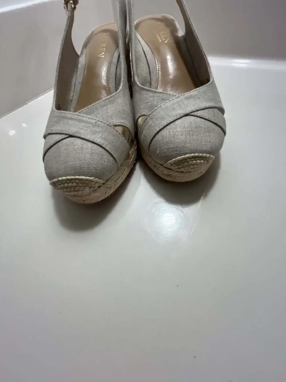 Lauren Ralph Lauren Beige Linen Slingback Wedge Espadrille Sandals